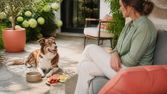 Dog resting in summer shade beside water and small portions of dog-safe fruit
