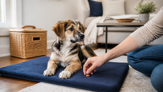 Young puppy relaxing on a mat while its owner calmly rewards settled behavior at home