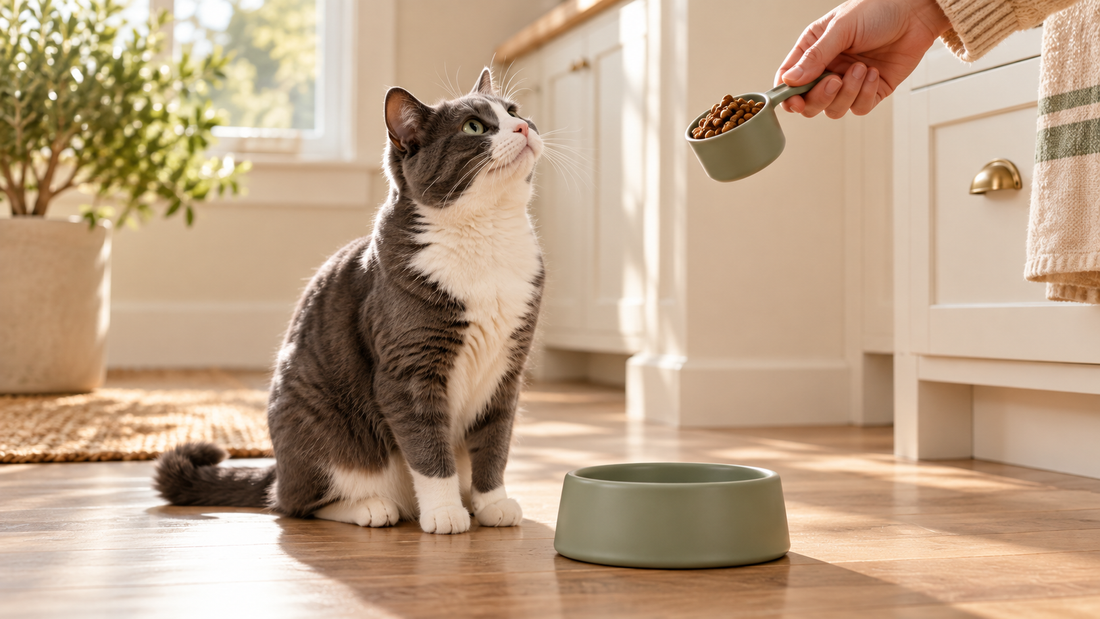 Gray and white cat waiting beside an empty sage food bowl while an owner holds a measured scoop