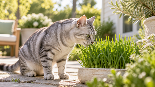 Silver tabby cat sniffing a planter of untreated wheatgrass on a sunny patio