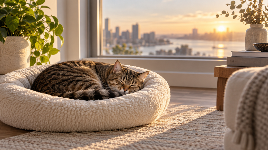 Tabby cat sleeping in a round bed beside a sunny window in an American apartment