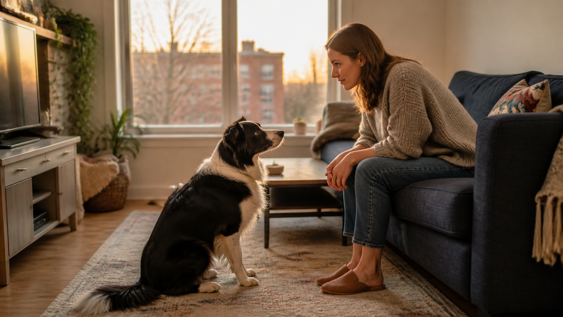 Border Collie making relaxed eye contact with an owner in a warm American apartment living room
