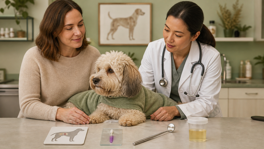 Veterinarian and owner investigating anal sac skin dental and urinary causes of fishy dog odor