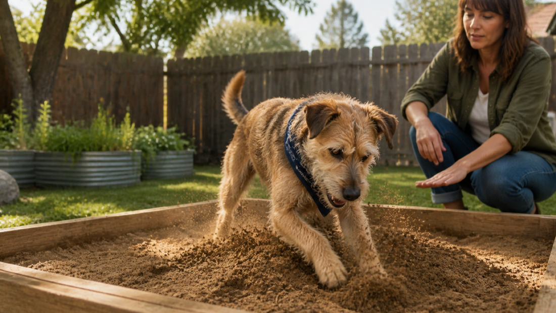 Mixed-breed terrier digging in a designated backyard sandbox while its owner supervises
