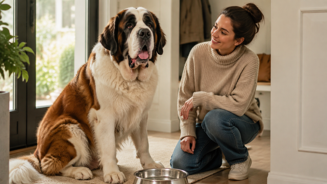 Saint Bernard drooling lightly beside a water bowl and owner