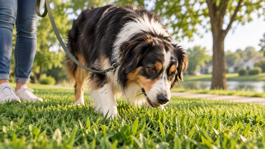 Tricolor Australian shepherd nibbling untreated grass during a supervised park walk