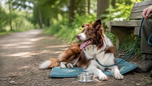 Border collie resting in shade with water after a walk and panting normally