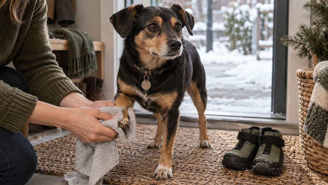 Owner wiping a small dog's paw after a snowy winter walk with dog boots nearby