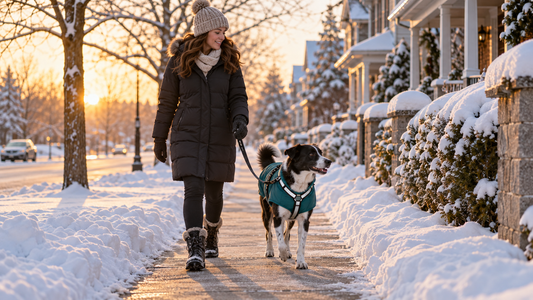 Dog and owner on a snowy winter walk wearing visible weather-appropriate gear