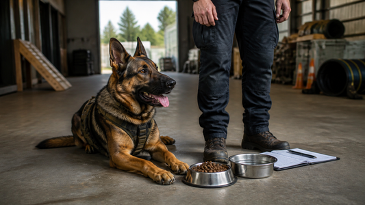 Search-and-rescue German Shepherd resting beside a measured meal, water and activity log