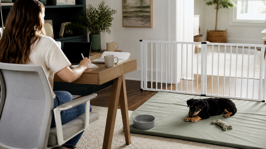Puppy resting safely in a gated work-from-home area beside its owner's desk