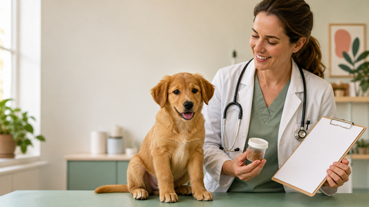 Veterinarian with a golden puppy, sealed fecal sample container and blank preventive-care checklist