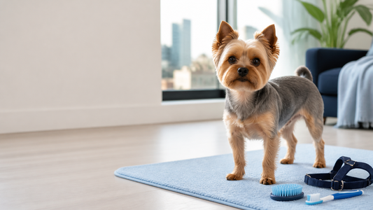 Yorkshire Terrier standing safely on a grooming mat beside a harness brush and toothbrush