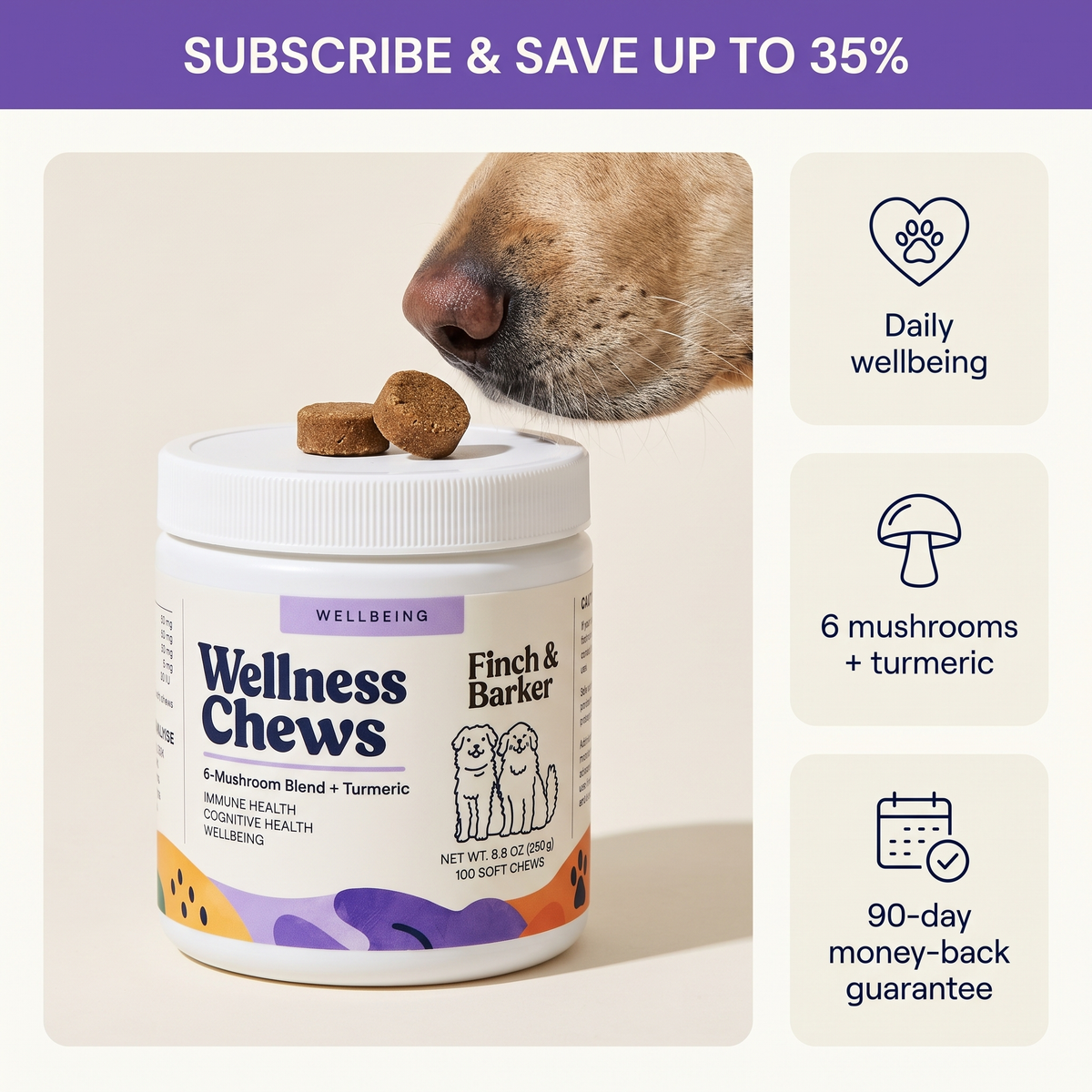 Finch & Barker Wellness Chews bredvid en labradors nos, med information om dagligt välmående och prenumerationsrabatt.