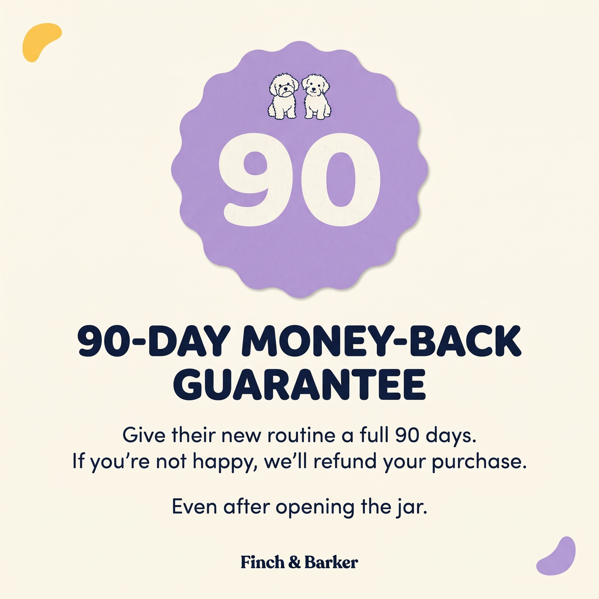 Finch & Barkers 90 dagars pengarna tillbaka-garanti för Wellness Chews.
