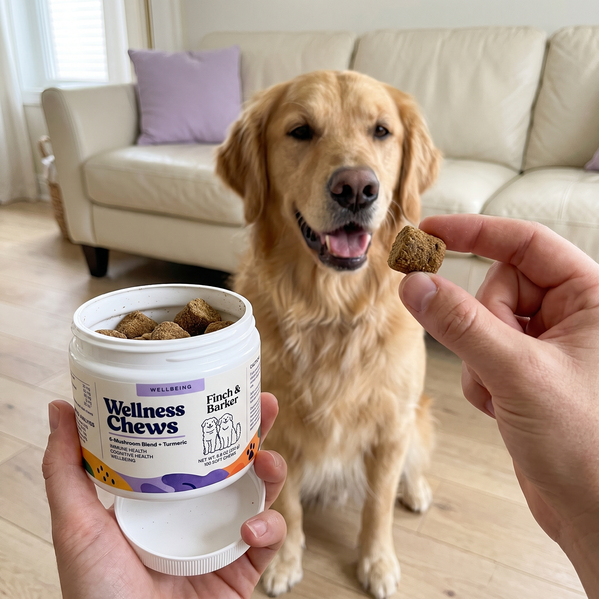 En hand ger en golden retriever en rund, mjuk tuggbit från Finch & Barker.