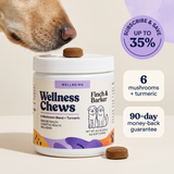 Labrador sniffing a Finch & Barker Wellness Chews jar beside a subscription savings offer.