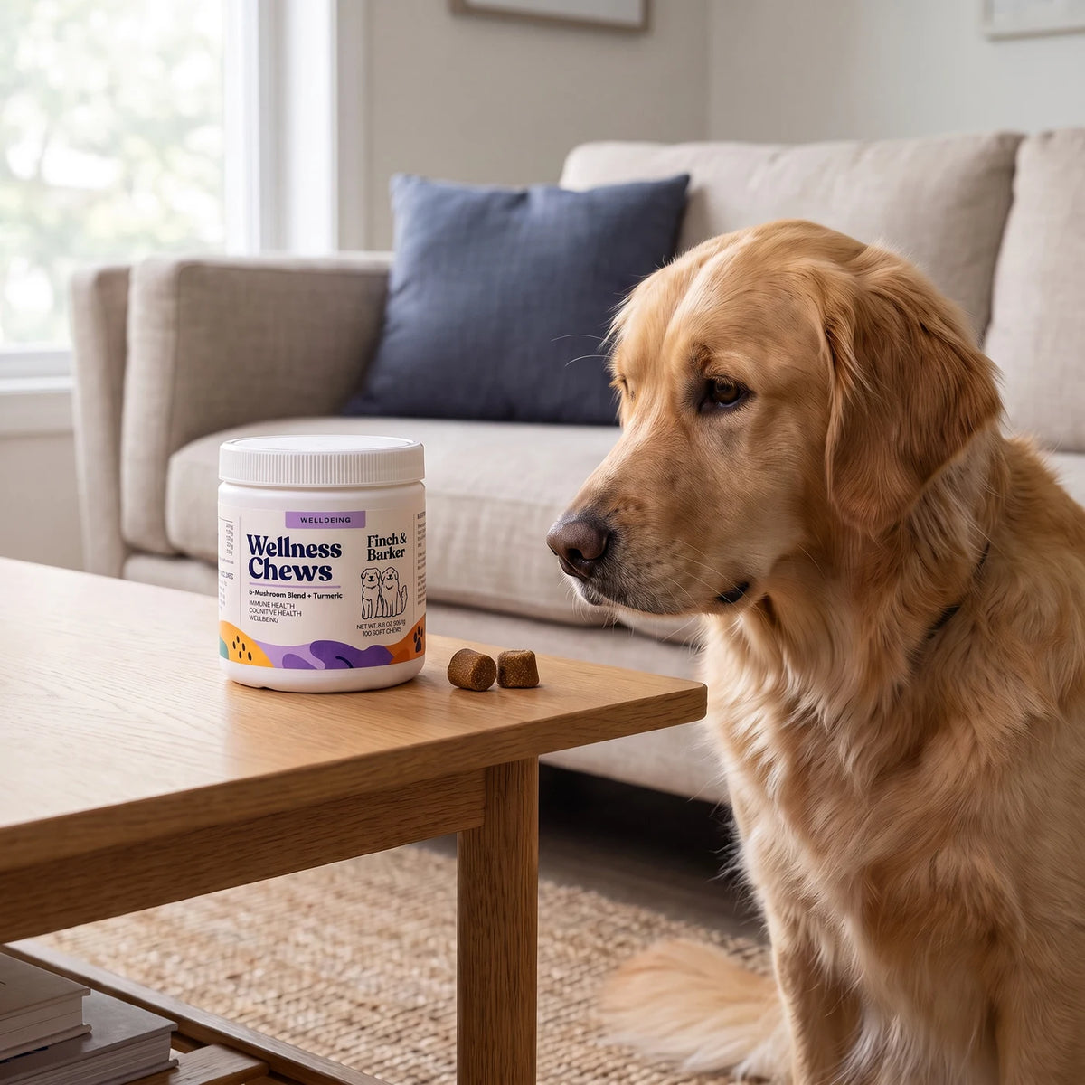 Finch & Barker Mushroom Chews on an oak table beside a curious corgi