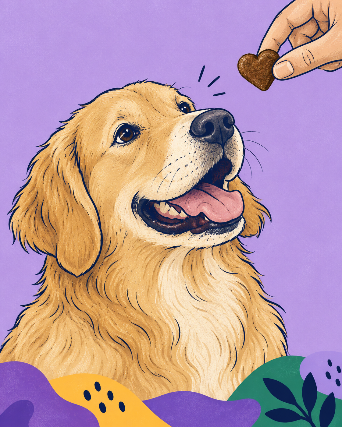 Illustrerad golden retriever som tittar på en hjärtformad bit mot lavendelfärgad bakgrund