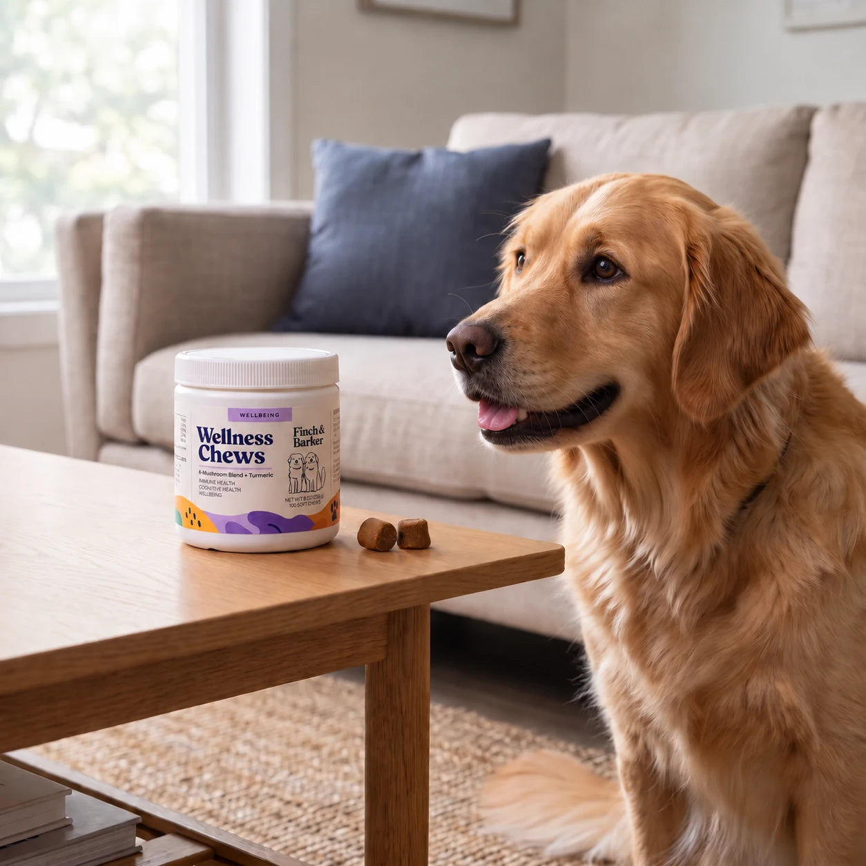 Golden retriever bredvid Finch & Barker Wellness Chews