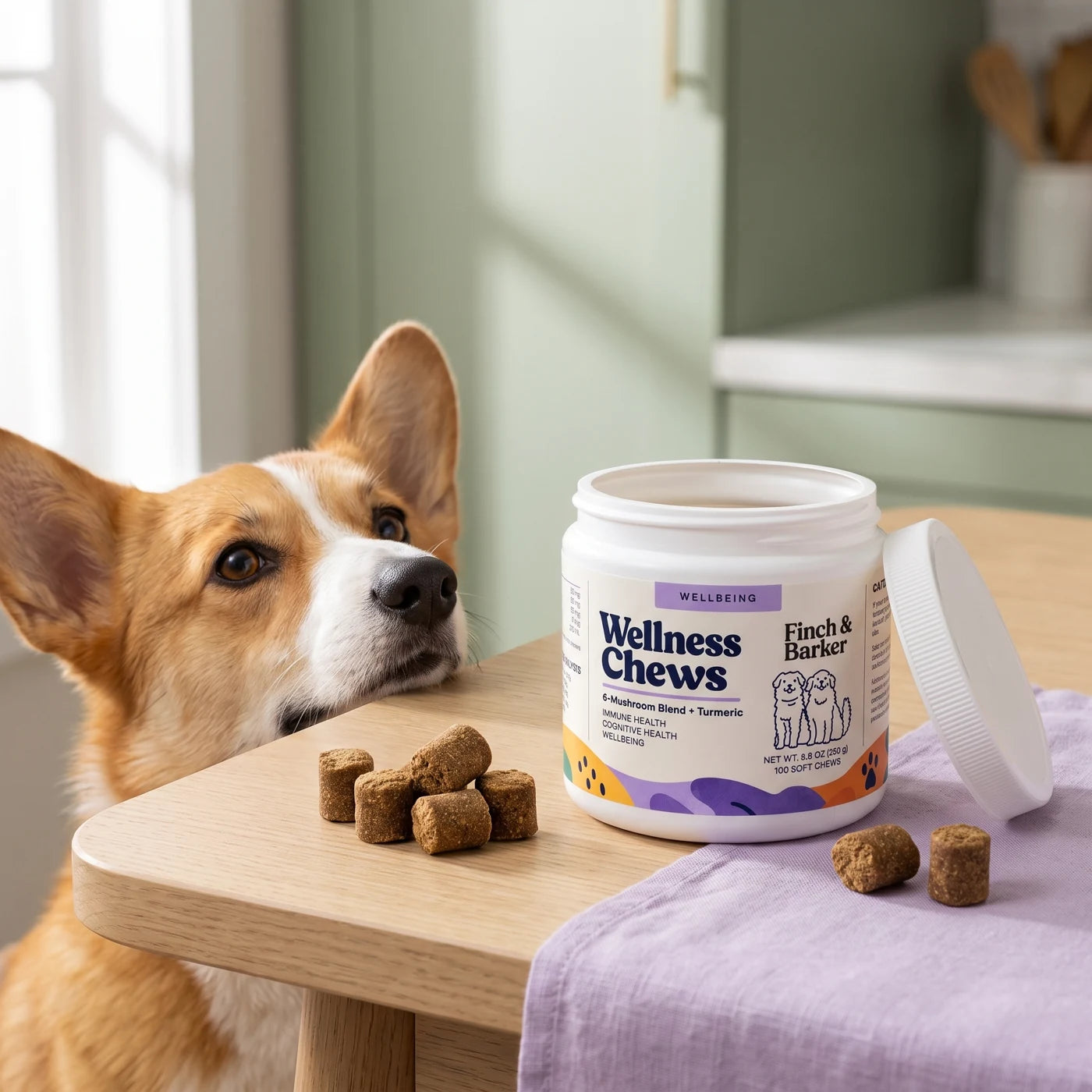 Corgi som väntar på Finch & Barker Wellness Chews