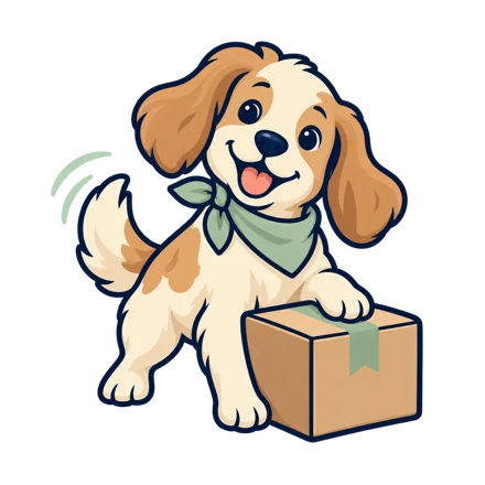 Illustrerad hund med ett paket från Finch & Barker