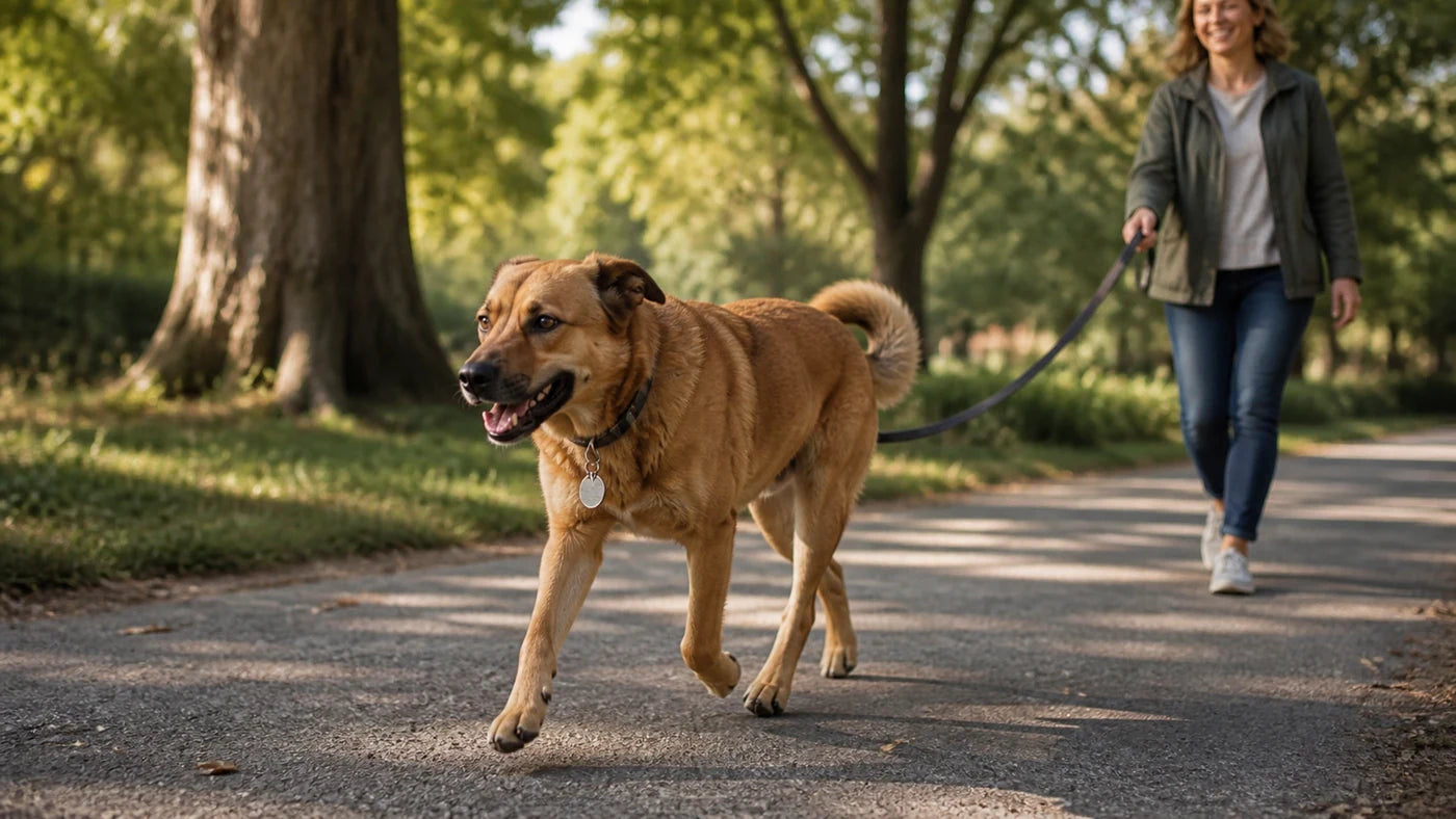Hund på en lugn promenad i parken