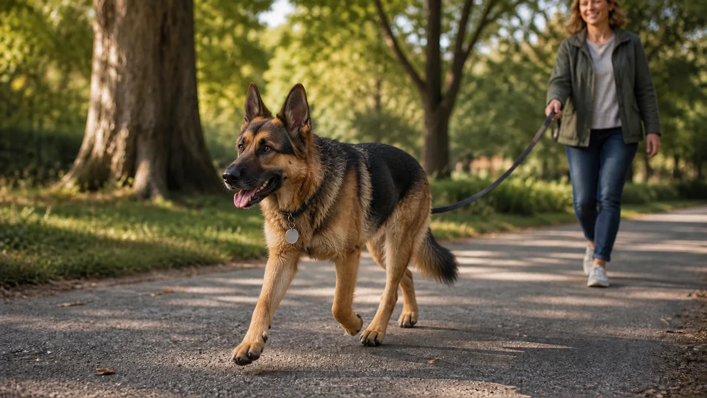 Schäfer på en lugn promenad i parken