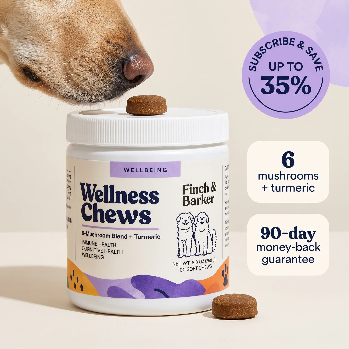 Finch & Barker Wellness Chews bredvid en labrador, med prenumerationsrabatt och 90 dagars garanti